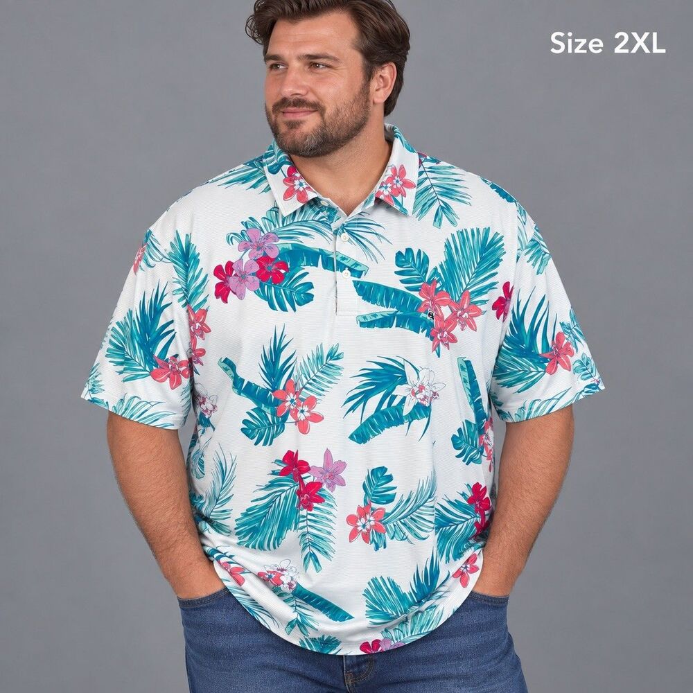 Vineyard Vines OTG Sankaty Polo Shirt Men's XXL Blue Pink Floral Stretch Golf